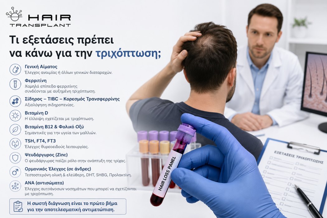 Δερματολόγος αξιολογεί ασθενή με τριχόπτωση και εξετάσεις αίματος