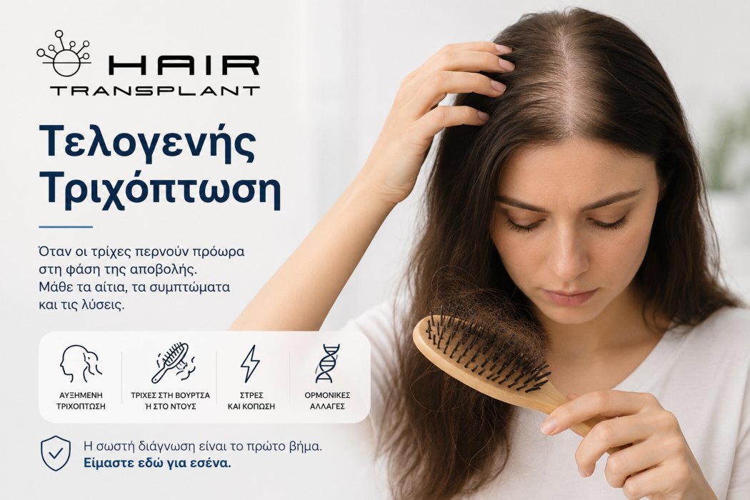 Γυναίκα με τελογενή τριχόπτωση εξετάζεται από δερματολόγο