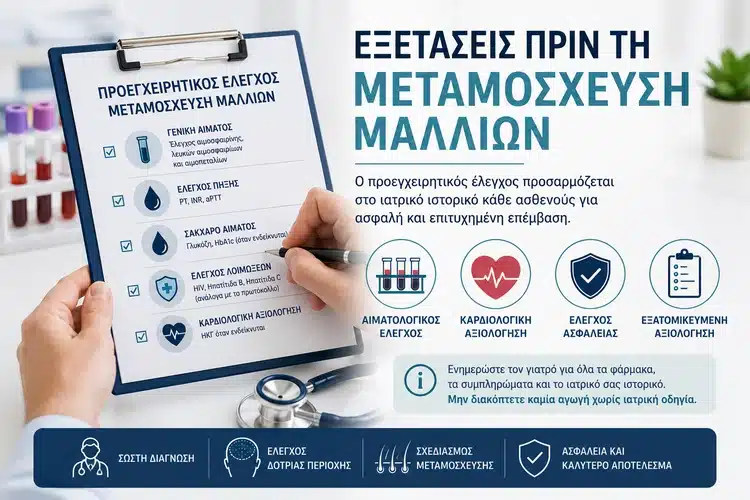 Εξετάσεις πριν τη μεταμόσχευση μαλλιών και προεγχειρητικός ιατρικός έλεγχος