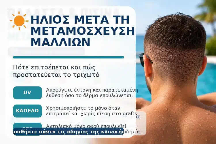 Ήλιος μετά τη μεταμόσχευση μαλλιών και προστασία του τριχωτού από την UV ακτινοβολία