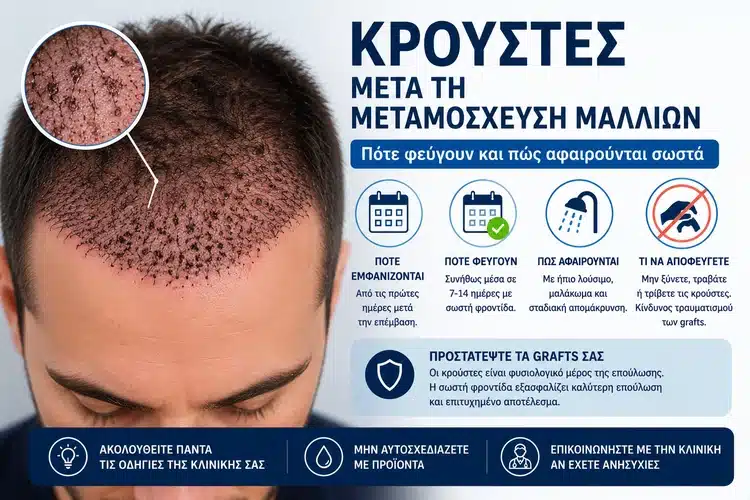 Κρούστες μετά τη μεταμόσχευση μαλλιών και σωστή φροντίδα της λήπτριας περιοχής