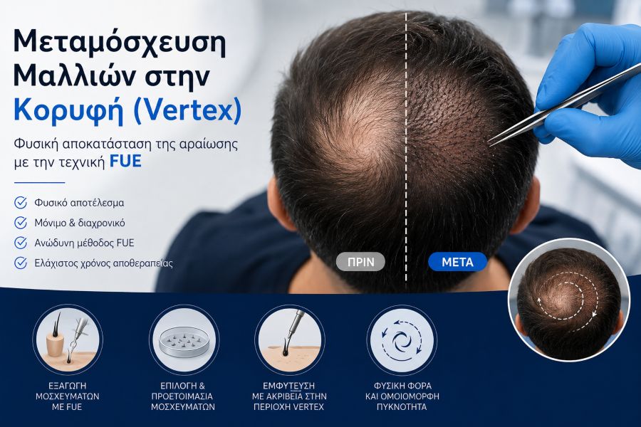Μεταμόσχευση μαλλιών στην κορυφή (Vertex) με φυσική αποκατάσταση της αραίωσης και τεχνική FUE
