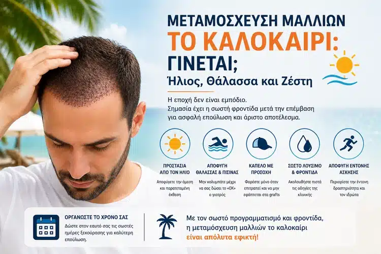 Μεταμόσχευση μαλλιών το καλοκαίρι με προστασία από ήλιο, θάλασσα και ζέστη
