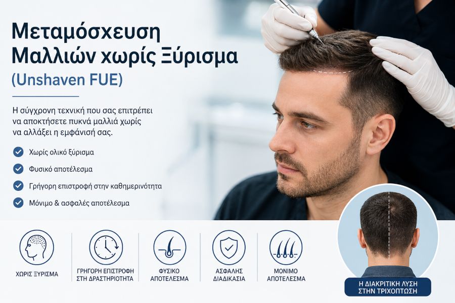 Μεταμόσχευση μαλλιών χωρίς ξύρισμα (Unshaven FUE) με φυσικό αποτέλεσμα και τεχνική FUE