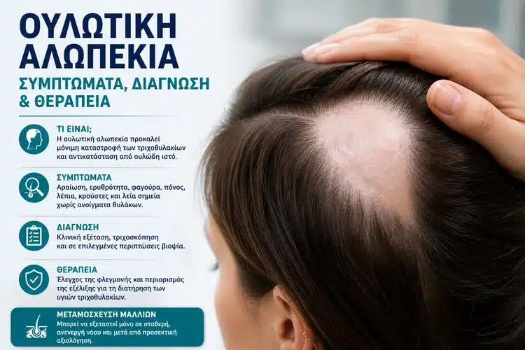 Ουλωτική αλωπεκία με χαρακτηριστική περιοχή απώλειας μαλλιών και ουλώδη ιστό στο τριχωτό