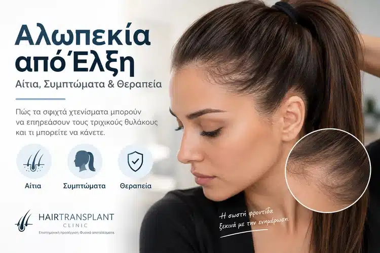 Αλωπεκία από έλξη σε γυναίκα με σφιχτή αλογοουρά και αραίωση στη γραμμή των μαλλιών