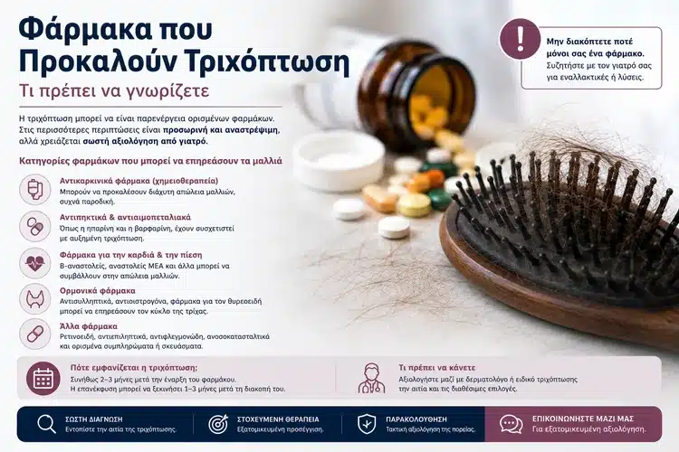 Φάρμακα που μπορεί να προκαλέσουν τριχόπτωση με χάπια, βούρτσα και διάχυτη απώλεια μαλλιών
