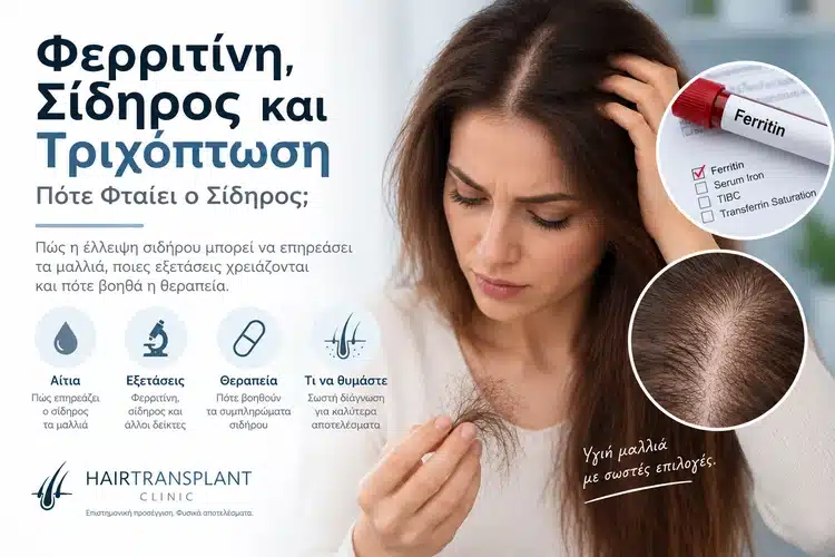 Φερριτίνη και τριχόπτωση με γυναίκα που παρατηρεί απώλεια μαλλιών και εξέταση σιδήρου