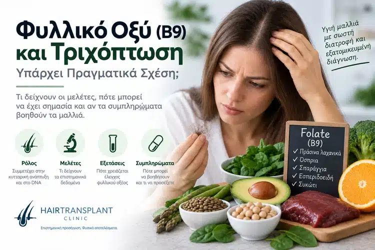 Φυλλικό οξύ και τριχόπτωση με γυναίκα που παρατηρεί απώλεια μαλλιών και τροφές πλούσιες σε βιταμίνη B9