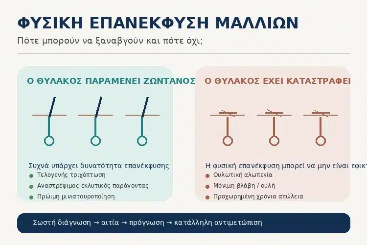 Φυσική επανέκφυση μαλλιών όταν το τριχοθυλάκιο παραμένει ενεργό και περιπτώσεις μόνιμης απώλειας