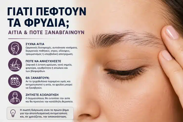 Αραίωση και απώλεια φρυδιών με πιθανές αιτίες και ανάγκη δερματολογικής αξιολόγησης