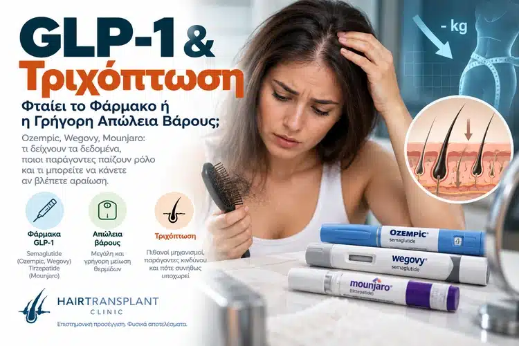 GLP-1 και τριχόπτωση με γυναίκα που παρατηρεί αραίωση μαλλιών, απώλεια βάρους και φάρμακα semaglutide και tirzepatide