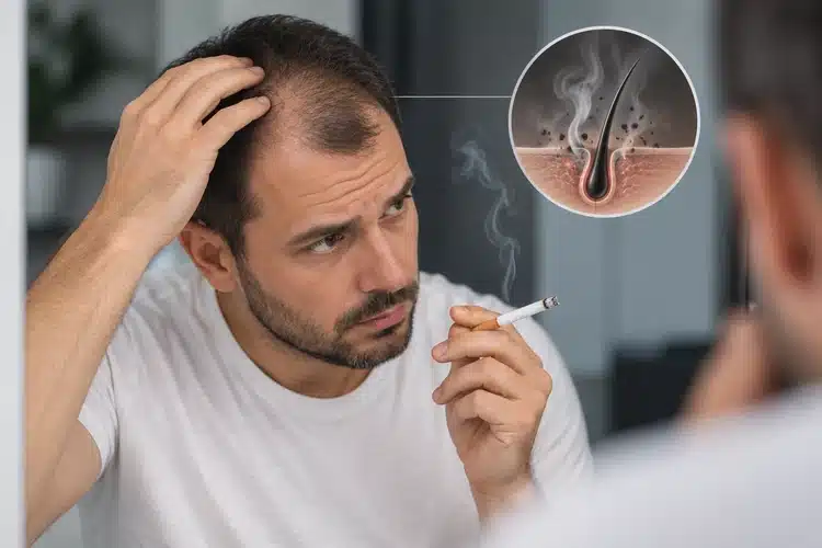 Κάπνισμα και τριχόπτωση με άνδρα που παρατηρεί αραίωση των μαλλιών