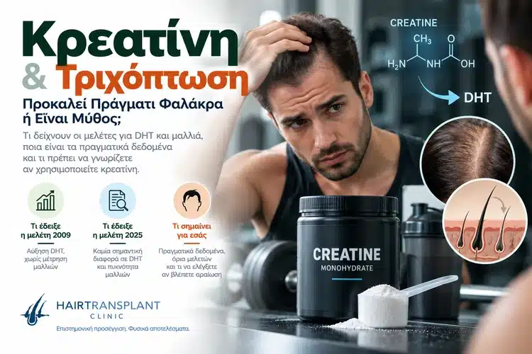 Κρεατίνη και τριχόπτωση με άνδρα που ελέγχει τη hairline, DHT και συμπλήρωμα creatine monohydrate