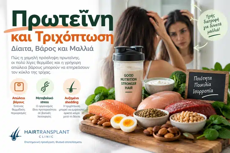 Πρωτεΐνη και τριχόπτωση με γυναίκα που ελέγχει τα μαλλιά της και τροφές πλούσιες σε πρωτεΐνη