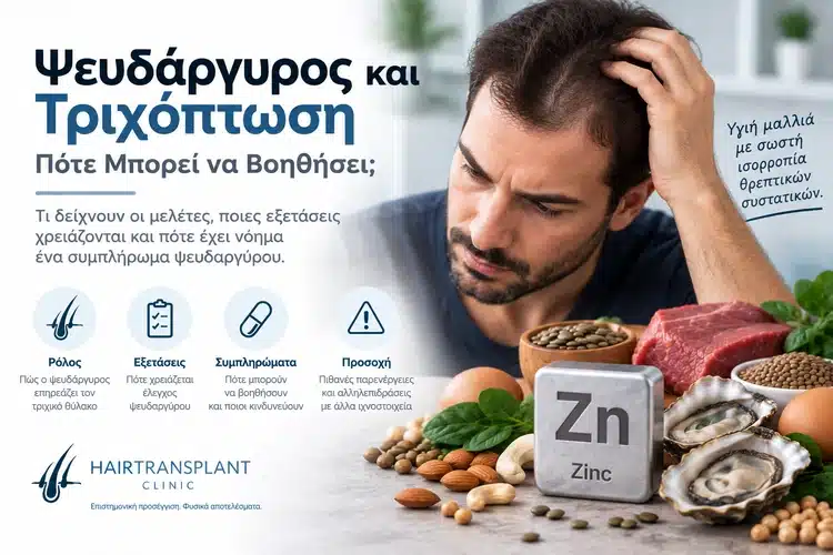 Ψευδάργυρος και τριχόπτωση με άνδρα που παρατηρεί αραίωση μαλλιών και τροφές πλούσιες σε ψευδάργυρο