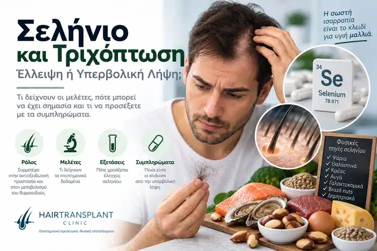 Σελήνιο και τριχόπτωση με άνδρα που παρατηρεί αραίωση μαλλιών και τροφές πλούσιες σε σελήνιο