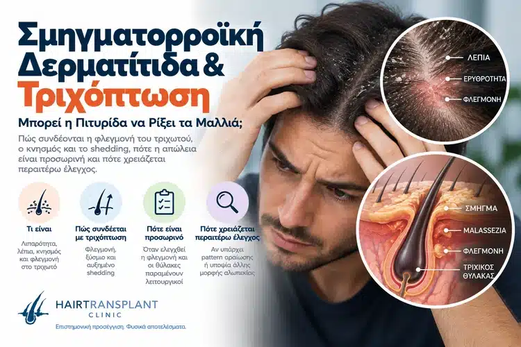 Σμηγματορροϊκή δερματίτιδα και τριχόπτωση με πιτυρίδα, φλεγμονή στο τριχωτό και απεικόνιση τριχικού θύλακα
