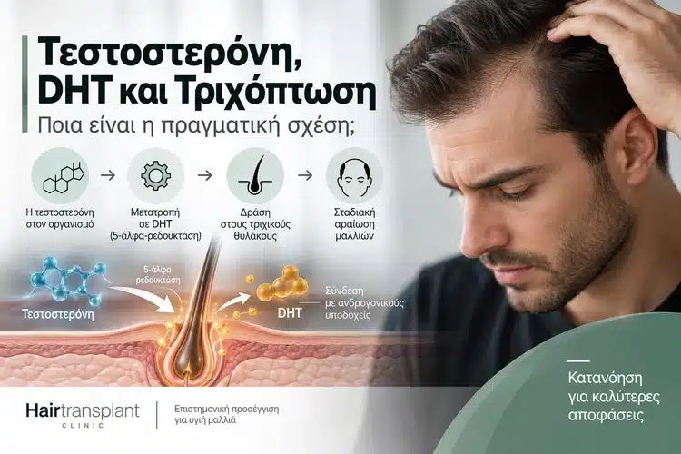 Τεστοστερόνη και DHT με άνδρα που εξετάζει αραίωση μαλλιών και απεικόνιση τριχικού θύλακα