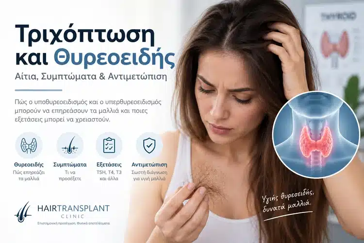 Τριχόπτωση και θυρεοειδής με γυναίκα που παρατηρεί απώλεια μαλλιών και απεικόνιση θυρεοειδούς αδένα