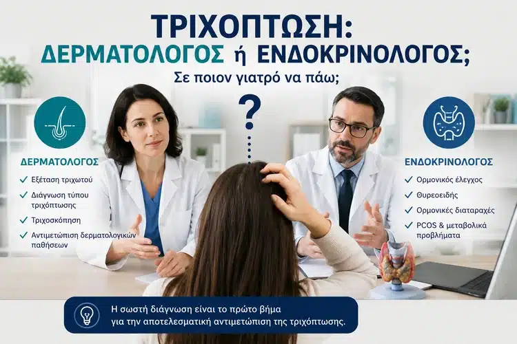 Τριχόπτωση και επιλογή μεταξύ δερματολόγου και ενδοκρινολόγου για σωστή διάγνωση