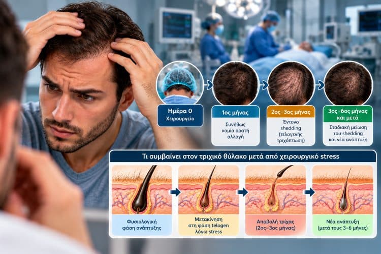 Τριχόπτωση μετά από χειρουργείο με άνδρα που παρατηρεί αραίωση, postoperative shedding και κύκλο τριχικού θυλάκου