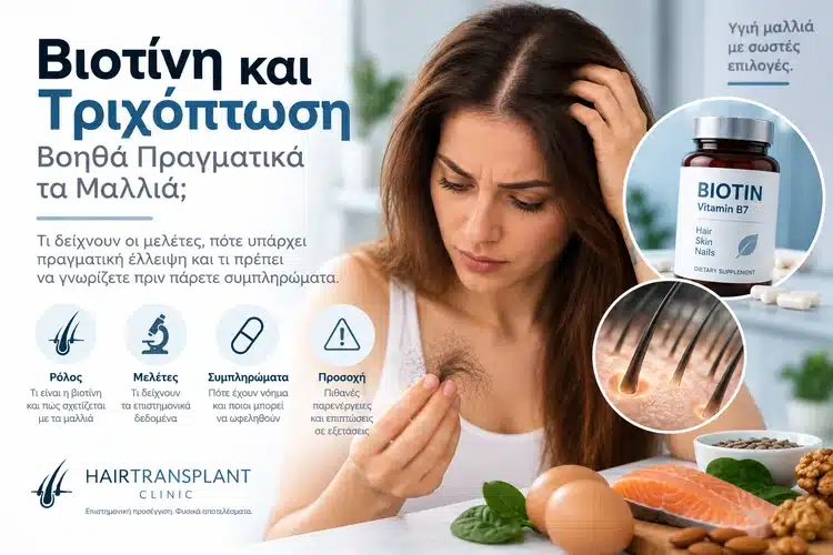 Βιοτίνη και τριχόπτωση με γυναίκα που παρατηρεί απώλεια μαλλιών και συμπλήρωμα βιοτίνης