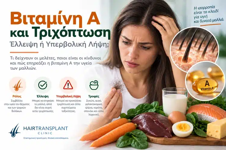 Βιταμίνη Α και τριχόπτωση με γυναίκα που παρατηρεί απώλεια μαλλιών και τροφές πλούσιες σε βιταμίνη Α