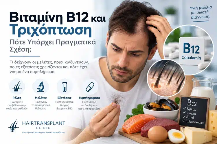 Βιταμίνη B12 και τριχόπτωση με άνδρα που παρατηρεί αραίωση μαλλιών και τροφές πλούσιες σε B12