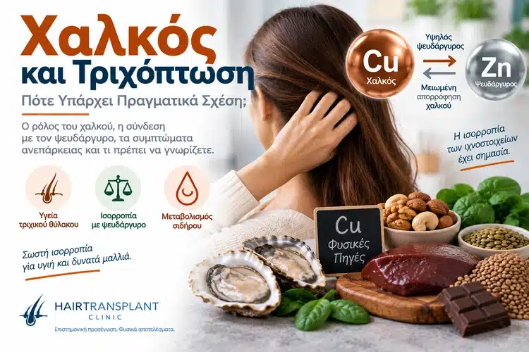 Χαλκός και τριχόπτωση με γυναίκα, απεικόνιση Cu και Zn και τροφές πλούσιες σε χαλκό