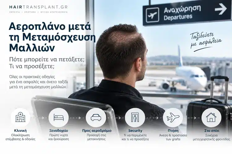 Άνδρας στο αεροδρόμιο μετά από μεταμόσχευση μαλλιών, με οδηγίες για ασφαλές ταξίδι και προστασία των grafts