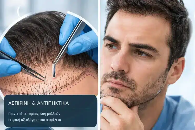 Ιατρική εικονογράφηση μεταμόσχευσης μαλλιών με εμφύτευση τριχοθυλακίων και άνδρα που εξετάζει τη χρήση ασπιρίνης και αντιπηκτικών