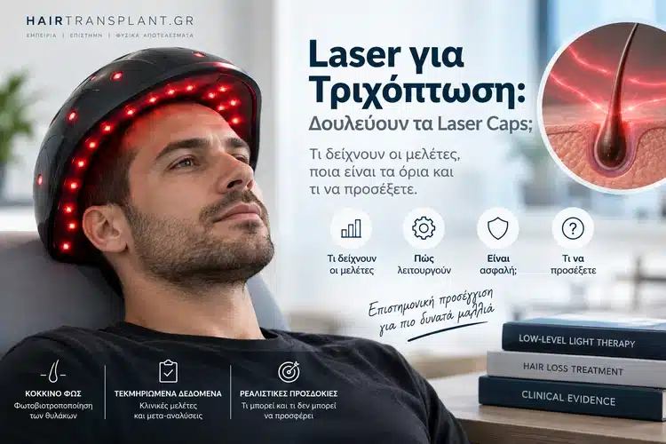 Άνδρας με laser cap κόκκινου φωτός για την τριχόπτωση και απεικόνιση τριχικού θύλακα