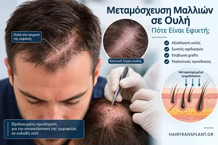 Ιατρική εικονογράφηση μεταμόσχευσης μαλλιών σε ουλή του τριχωτού, με εμφύτευση τριχοθυλακίων και σχηματική σύγκριση πριν και μετά
