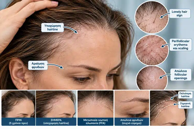 Μετωπιαία ινωτική αλωπεκία με υποχώρηση hairline, αραίωση φρυδιών και απώλεια follicular openings