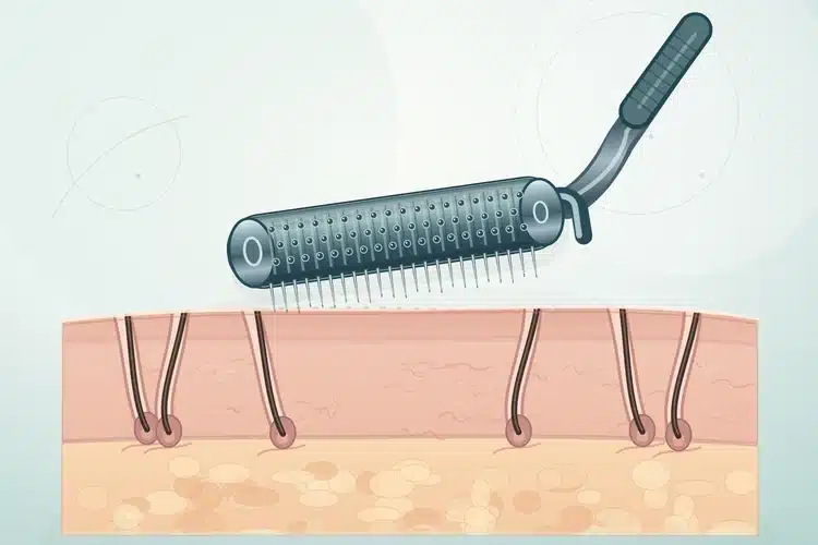 Εικονογράφηση microneedling με derma roller και τριχικούς θυλάκους σε τομή του τριχωτού της κεφαλής
