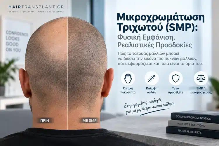 Μικροχρωμάτωση τριχωτού SMP με ενδεικτική σύγκριση αραίωσης μαλλιών και οπτικής πυκνότητας μετά την εφαρμογή χρωστικής