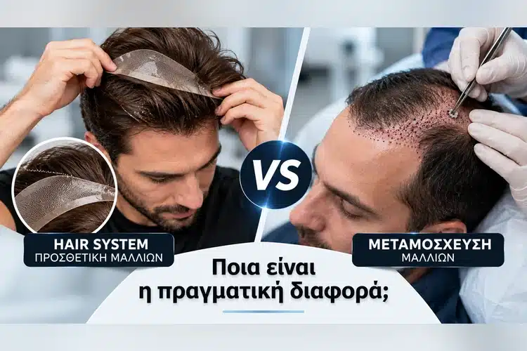 Σύγκριση προσθετικής μαλλιών (Hair System) με μεταμόσχευση μαλλιών, με απεικόνιση προσθετικής βάσης και χειρουργικής εμφύτευσης τριχοθυλακίων