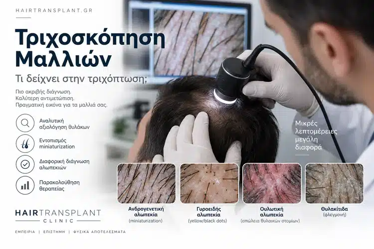 Τριχοσκόπηση μαλλιών με δερματοσκόπιο για έλεγχο miniaturization, αλωπεκίας και φλεγμονής στο τριχωτό